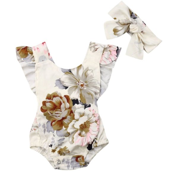 Floral Baby Infant Romper with Headband - Picture 1 of 1